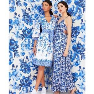 $733 Alice + Olivia Shanley Button-Front Midi Dress Waist TiesGreek Tile Blue 0